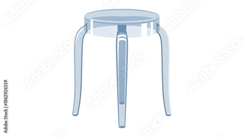 A three-legged stool is rendered in a semi-transparent material with rounded shapes. The image is on a white background, it's a simple graphic design