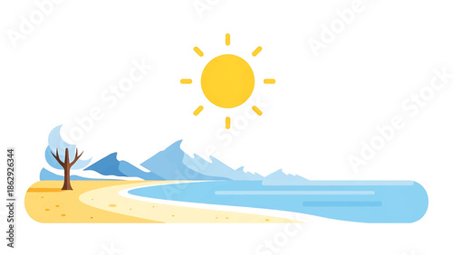 A sunny beach scene features a golden sun above the sea and mountains. A sandy shore is in the foreground, with a tree and soft clouds