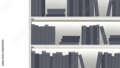 A three-tiered bookcase filled with a collection of books in various sizes and orientations, presented in a minimalist design