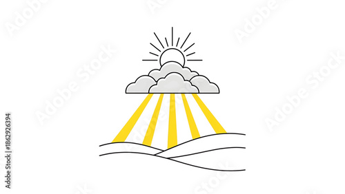 A sunny day scene, with bright yellow rays shining from fluffy clouds onto a rolling landscape, all in a simple cartoon style
