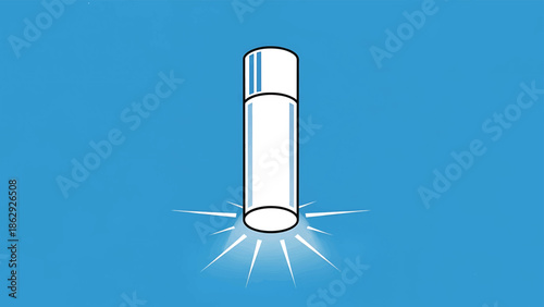 A tall, white cylindrical object with a blue top and detailing. Light emanates from its base against a textured blue backdrop