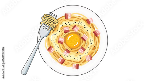 A top-down, digitally rendered illustration depicts a plate of pasta carbonara, with a fork holding some noodles. The plate is white, and the background is pure