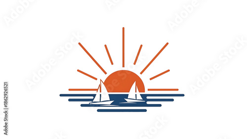 A sunset scene features a stylized sun above the sea, with two sailboats gliding across the water. The art is simple