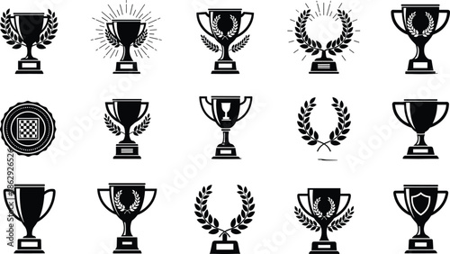 Set of black trophy cup silhouettes, champion award icons with laurel wreath, victory prize collection, cad drawing flat vector illustration
