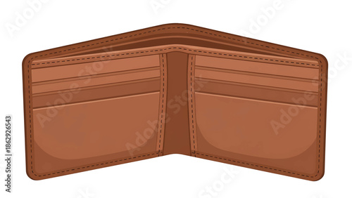 A tan leather wallet, viewed open with empty compartments and card slots, ready to be filled. Realistic illustration style