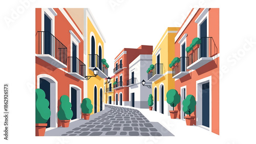 A stylized illustration presents a vibrant street scene of colorful buildings with balconies and small trees. A cobblestone path leads into the distance