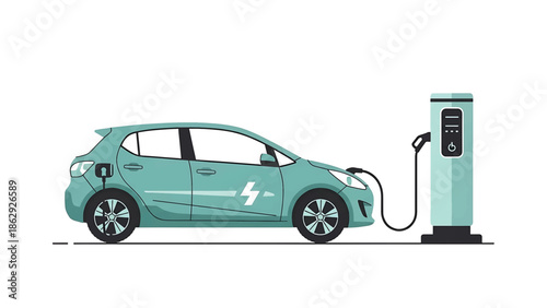 A teal hatchback electric vehicle is charging at a station. The image is a flat illustration of the car and station with a white background