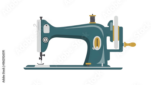 A teal and gold-accented sewing machine illustration. Detailed design shows the needle, bobbin, and hand crank, evoking a sense of classic craftsmanship