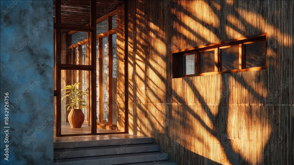 Obraz premium Architectural detail of a building facade made of sustainable bamboo and glass, sunlight creating linear shadows, eco-material texture, modern tropical design 