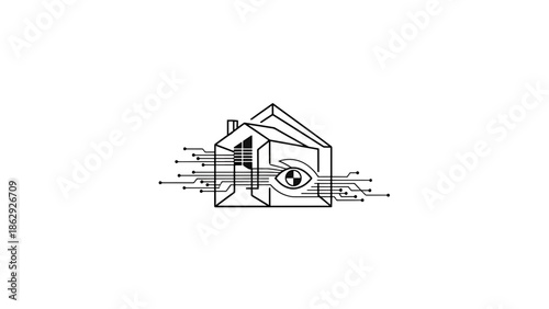 A tech-infused house graphic with an eye as its core, surrounded by circuit-like lines, with a minimalist design in black on white