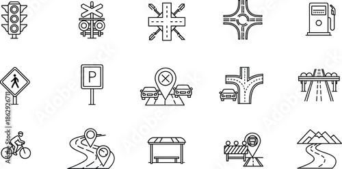 Set of traffic icons including road signs traffic lights gas station roundabout and navigation symbols isolated on white background for transportation,.