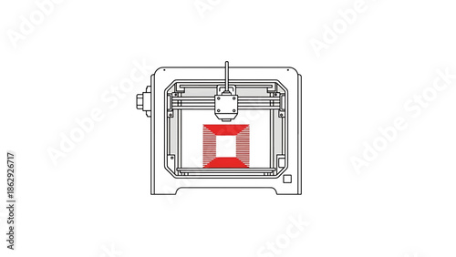 A technical illustration depicts a 3D printer. The machine's inner workings are visible. A red square is printed in the center. The image is rendered with simple black lines