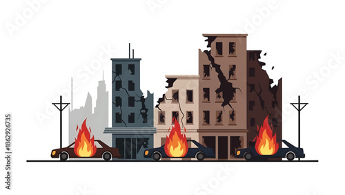 A stylized illustration shows a post-apocalyptic scene with damaged buildings, burning cars, and a silhouette of a distant city
