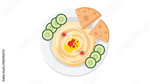 A top-down, vector illustration of hummus with cucumber slices and pita bread on a white plate. Bright colors with simple textures are used