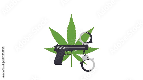 A symbolic illustration featuring a green cannabis leaf behind a handgun, with handcuffs placed beside the leaf, set against a white background