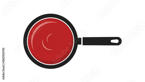 A top-down view of a black skillet filled with a vibrant red sauce on a crisp white background