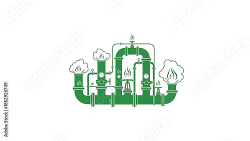 A technical illustration features intricate green piping and valves, with flames and smoke emitting from various points. The design uses a minimalistic, clean aesthetic