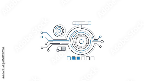 A technical illustration featuring a circular design with intersecting lines and geometric elements in blue and black against a white background