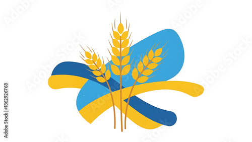 A symbolic illustration combining wheat with blue and yellow shapes, representing a flag, with a textured look. The wheat is in the center