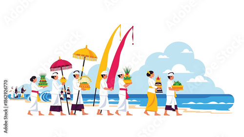 A stylized illustration shows a procession on a beach with figures carrying offerings, umbrellas, and flags. The figures are dressed in traditional clothing