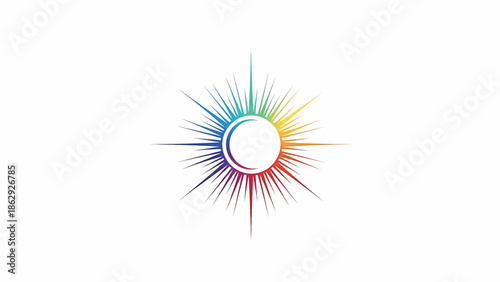 A stylized sun symbol, featuring a circle within and radiating rays in a vibrant rainbow color gradient against a white background