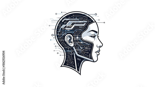 A stylized profile view of a person with the inner head showcasing a circuit board design. The outer face is smooth, suggesting a cyborg or AI concept