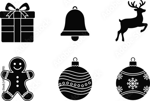 Santa Claus flying in a sleigh with reindeer carrying Christmas gifts in black and white silhouette vector isolated on white,.