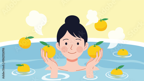 Calm woman enjoying a relaxing yuzu bath for the winter solstice tradition in Japan with citrus fruits floating on the warm steaming water.