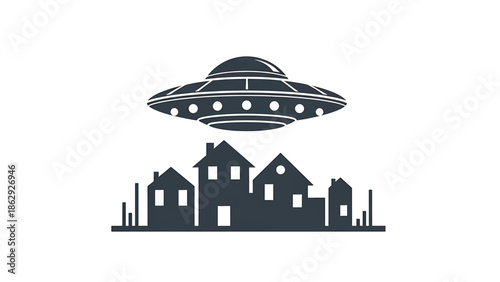 A stylized silhouette depicts a flying saucer hovering over a row of houses against a white background, suggesting a potential encounter