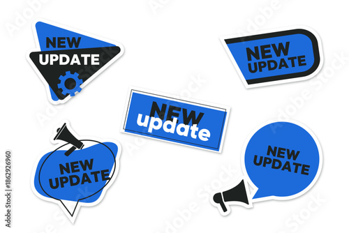 Set of blue version of stickers with a new update with megaphone gear items for posters
