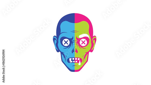 A two-toned graphic depicts a split face with distinct colors. Each side presents a different eye appearance with an 'X', and bared teeth. A modern illustrative style
