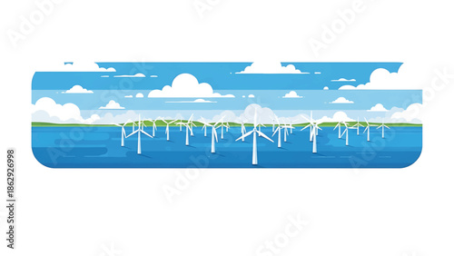 A stylized illustration presents a coastal scene featuring numerous wind turbines. These turbines, aligned in the water, harness the wind's power. Clouds float above
