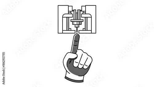 A technical illustration shows an apparatus above a hand with a raised finger. The finger points towards the bottom of the apparatus