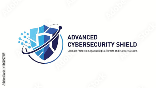 A tech-themed design, featuring a segmented shield shape, circuits, and a circular orbit. The artwork uses shades of blue against a white backdrop