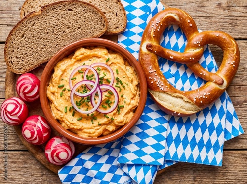 Top view of Bavarian Obatzda cheese spread with pretzel, radishes, and bread on a blue checkered napkin, capturing a traditional Oktoberfest snack.