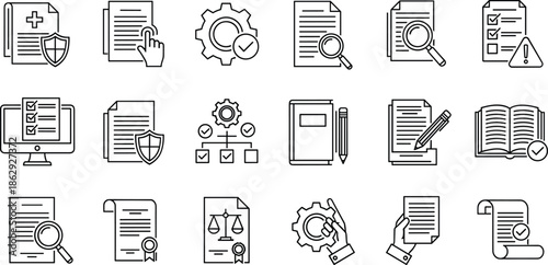 Set of document icons including legal law insurance policy magnifying glass and administrative paper work symbols isolated on white background vector,