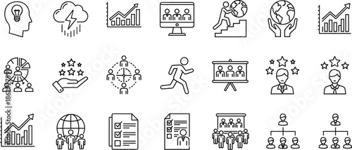 Set of human resources icons including leadership team structure brain thinking and business management symbols isolated on white background vector.