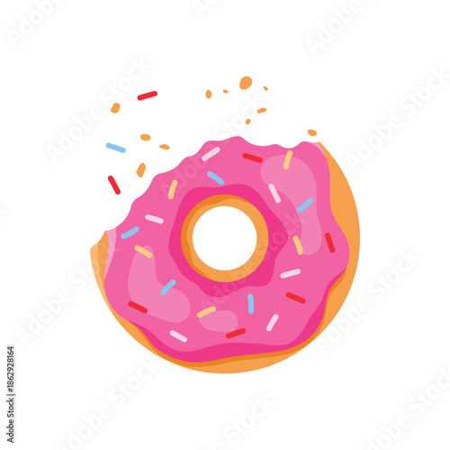 Bitten glazed donut while eating, doughnut with glaze and candy decoration vector illustration