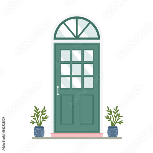 Green arched front door with doorknob and pink porch, architectural decoration vector illustration