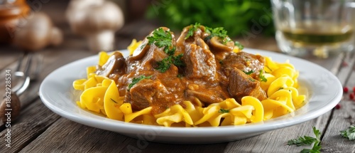Beef goulash over pasta dish