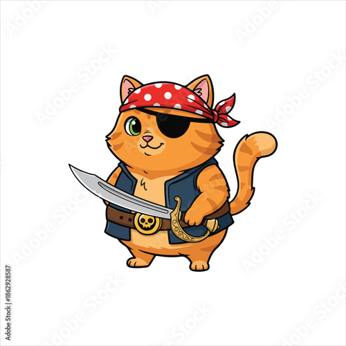 A cute cartoon ginger cat character dressed as a pirate with an eye patch, bandana, and sword.