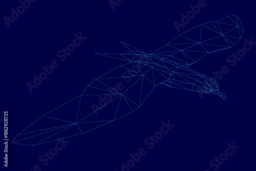 A low polygonal seagle flies against a dark blue sky. Its intricate wireframe design is composed of various geometric shapes and lines.
