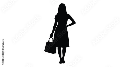 Silhouette of a woman holding a shopping bag standing in a profile view