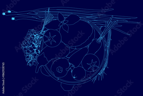 A blue and white contour drawing depicts a woven basket brimming with assorted fruits and vegetables on a solid blue background.