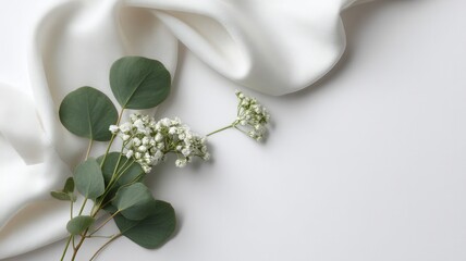 White baby's breath flowers and green eucalyptus leaves arranged with a soft sage copy providing elegant ribbon, space