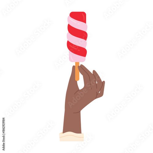 Hand fingers hold ice cream on stick to eat strawberry spiral popsicle or lollipop vector illustration