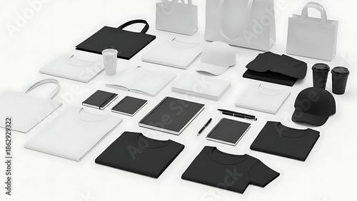Fototapeta Black and white promotional on white background bags notebooks cups