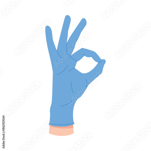 Hand of doctor in disposable blue glove showing OK gesture, great positive signal vector illustration