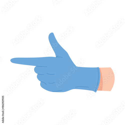 Hand of doctor in protective glove pointing to left with index finger vector illustration