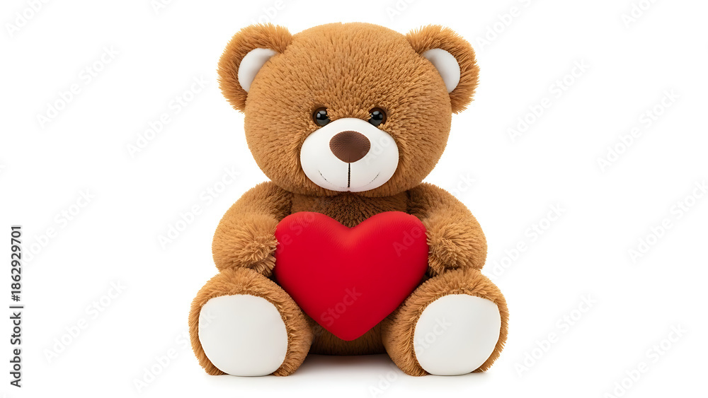 Obraz premium Cute teddy bear holding red heart on white background